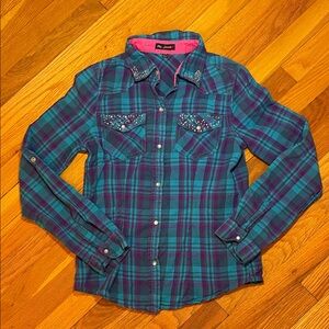 ME JANE Girl’s Teal, Purple & Pink Plaid Pearl Snaps Button-up Shirt Soft Cotton